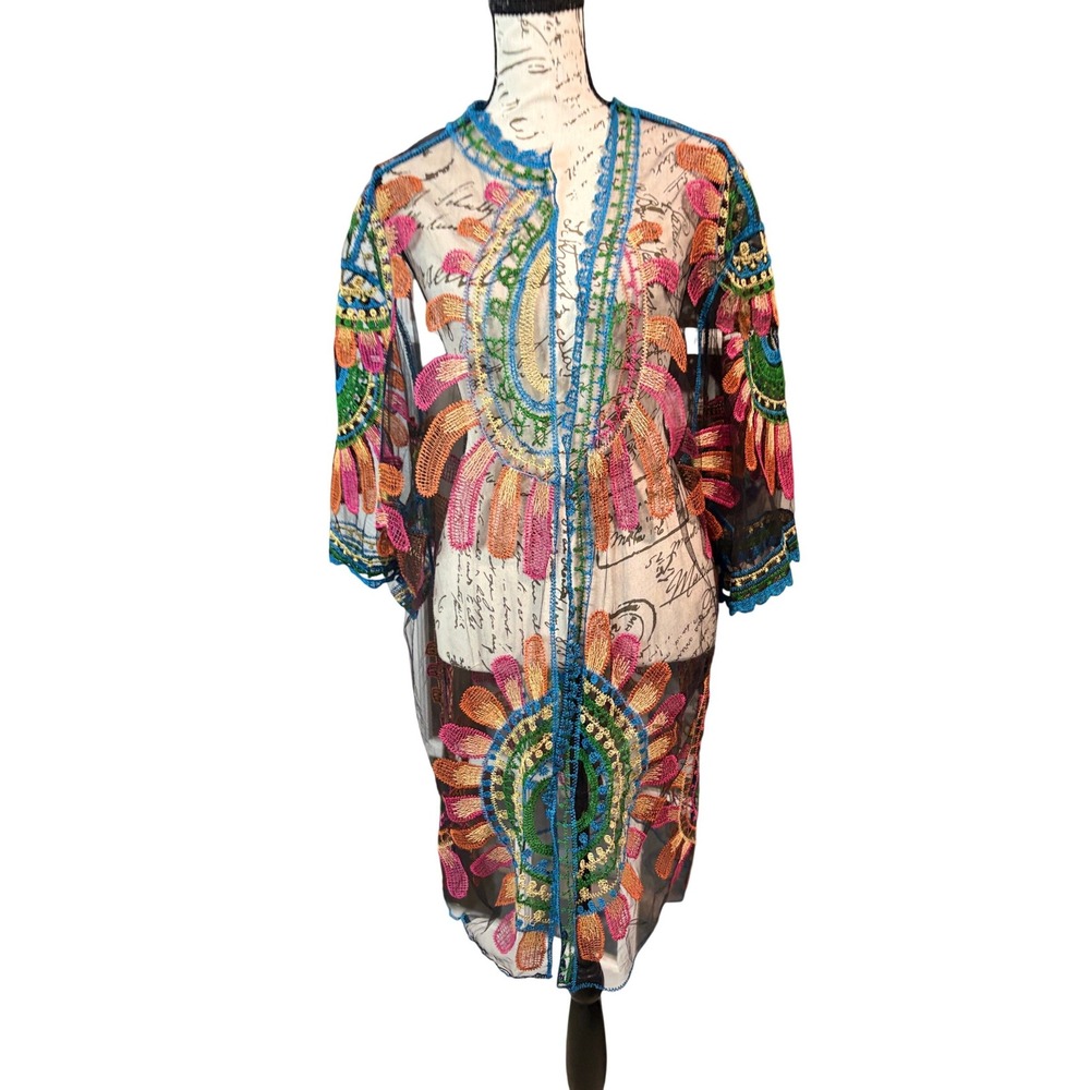 Asha Black Multi Color‎ Embroidered Mesh Duster Kimono Women One Size Festival